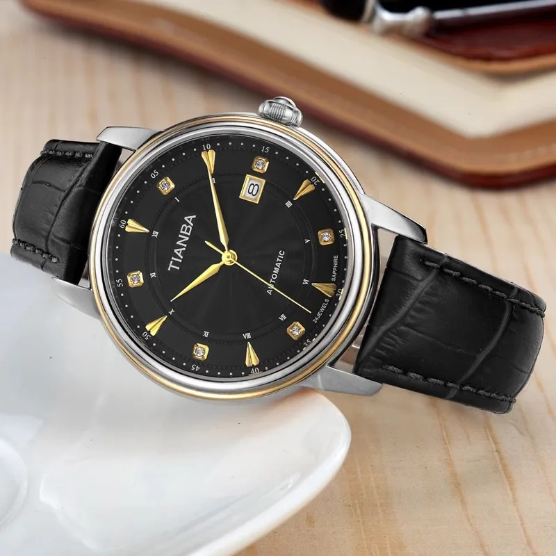 TIANBA Reloj mecánico automático con cinturón para hombre Reloj de pulsera resistente al agua genuino Reloj para hombre TM8007