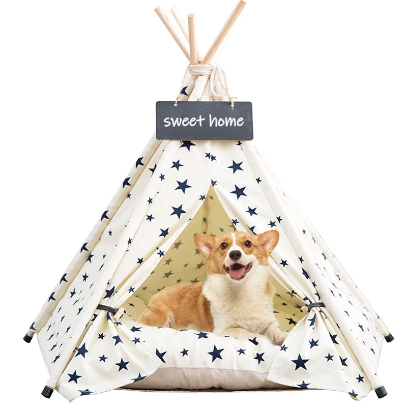 Pet Teepee Cat Tent Dog House Bed Canvas Dogs Tents Kennel with Thick Cushion Blackboard Indoor Modern Houses for Puppy Kitten