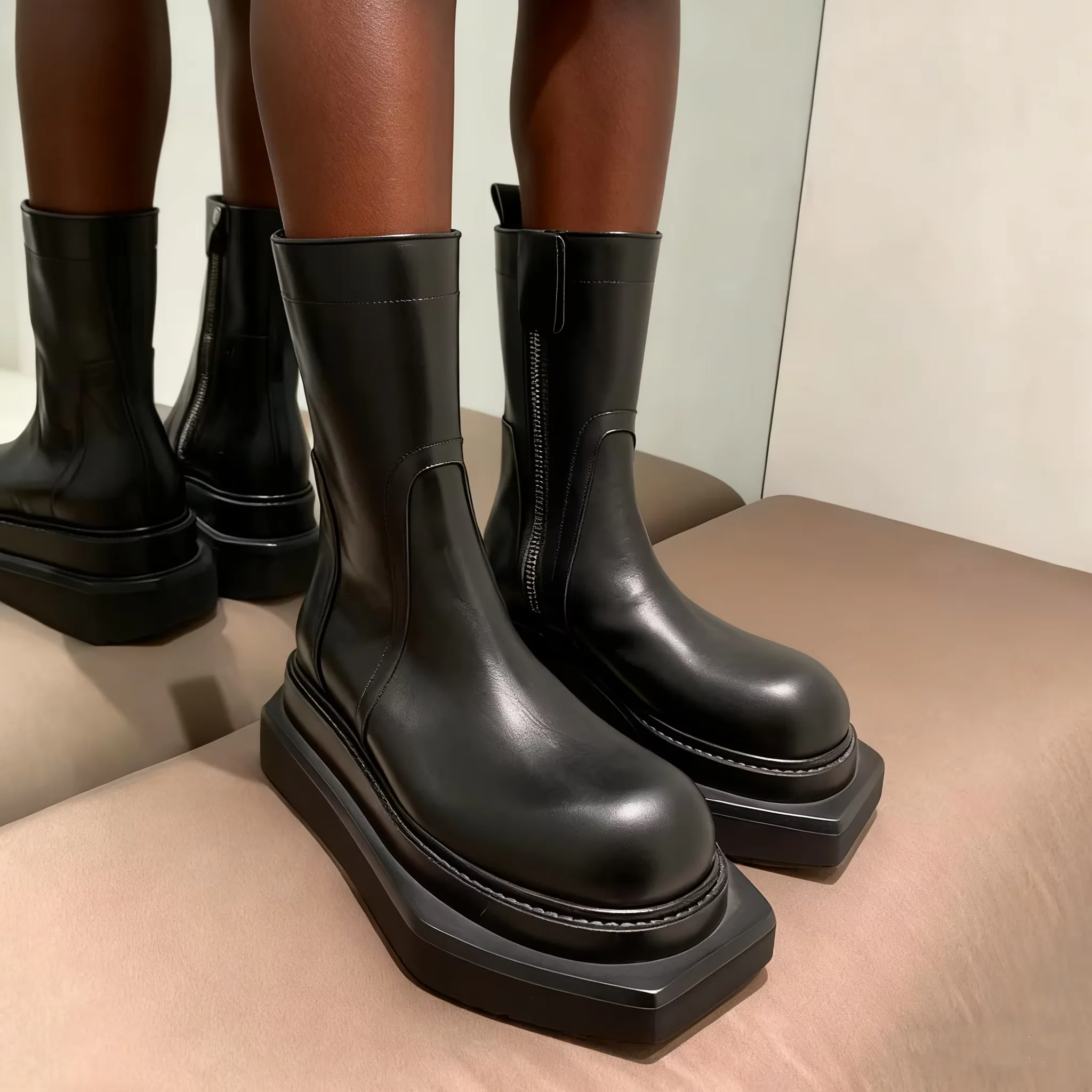 

Black Round Toe Mid-Calf Platform Women Motorcycle Boots Height Increasing Middle Heels Side Zipper Design Large Size Shoes
