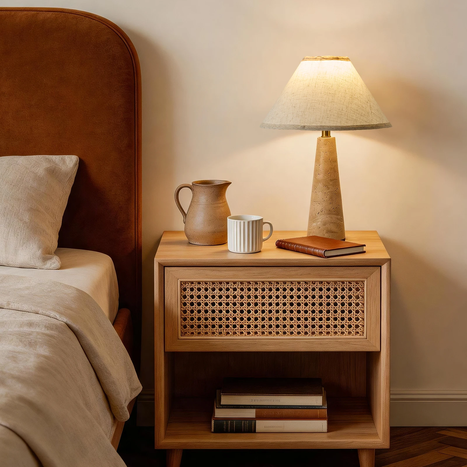 Yellow Travertine Fabric Art Table Lamp Japanese Marble Table Lamp for Living Room Bedroom Bedside