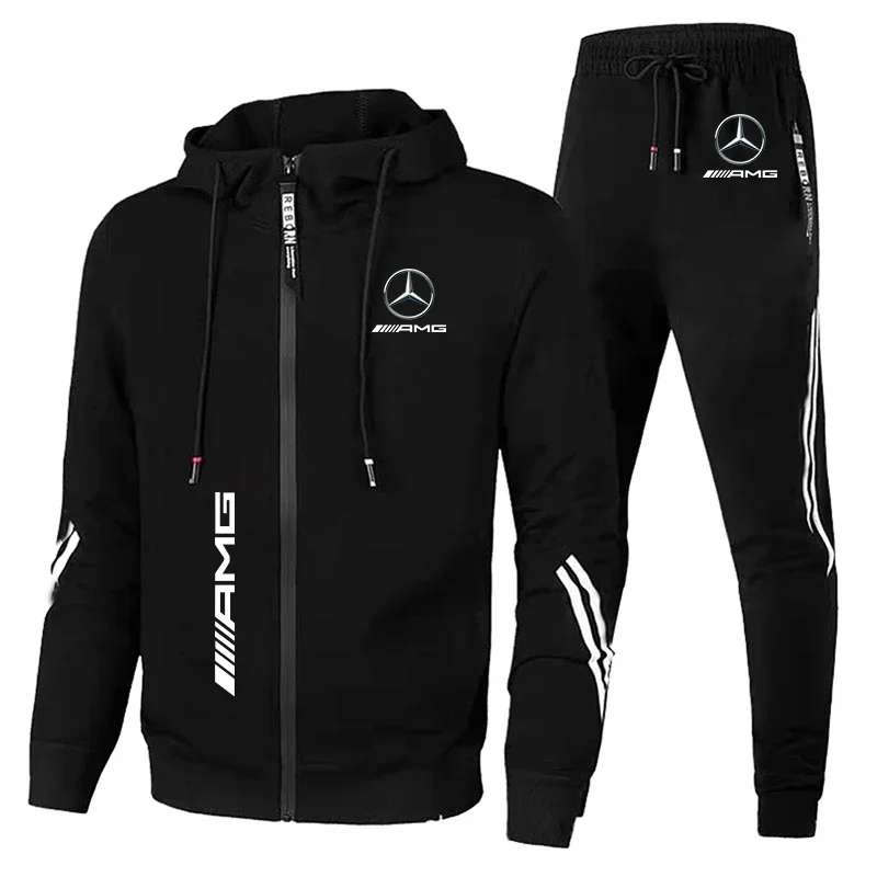 Tracksuit Men Set Mercedes-Benz Sweatshirt Suit Zip Up Hoodies+Pants 2 Piece Men's Set Running Custom Racing Team Sports Suits