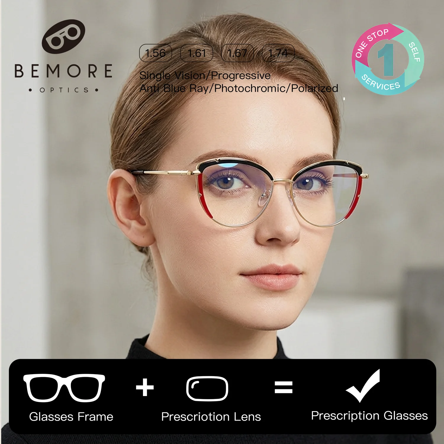 

BEMORE Fashion Square Prescription Glasses Women Blue Light Blocking Photochromic Brown Butterfly Optical Eyewear