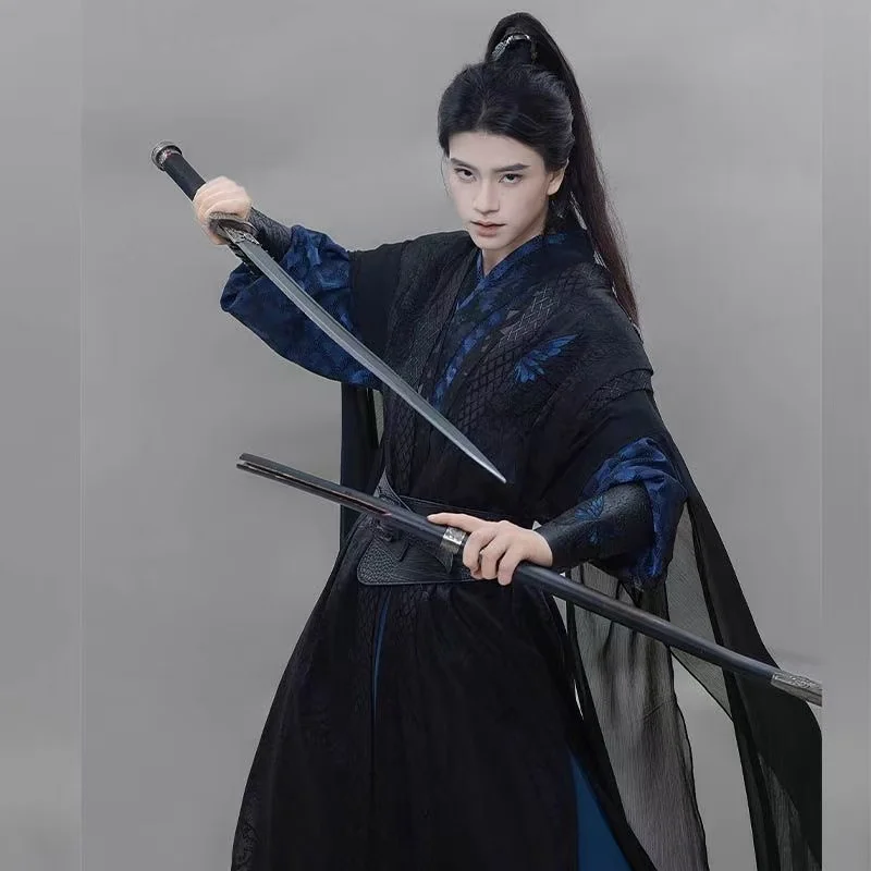 

Black Blue Night Hero Cosplay Costume Men's Traditional Chinese Embroidered Hanfu Halloween Wuxia COS Suits Young Warrior Outfit
