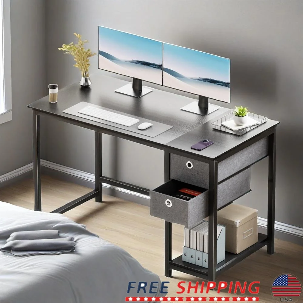 

40 Inch Laptop Desk with Storage Modern Computer Desk Home Office Workstation Metal Frame Soft Close Drawers Easy Assembly