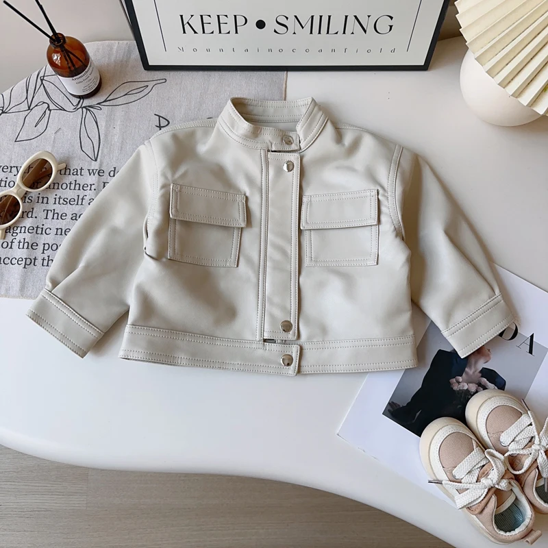 Artificial Leather Girls Jacket Spring Autumn Solid Color Stand Collar Leisure Coats For Boys Stain Resistant Outwear 2-8 Years