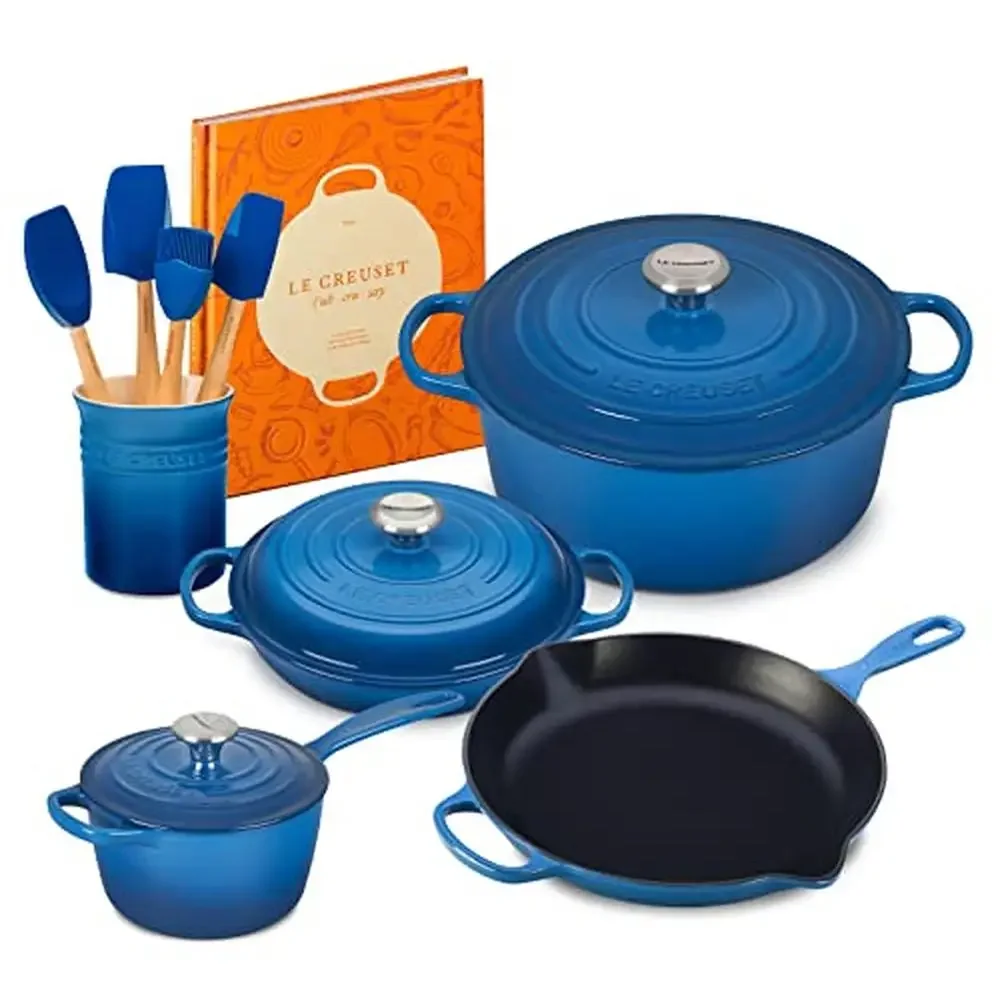 Cast Iron Cookware Set Dutch Oven Braiser Saucepan Skillet Utensils Spatula Brush Cookbook Package