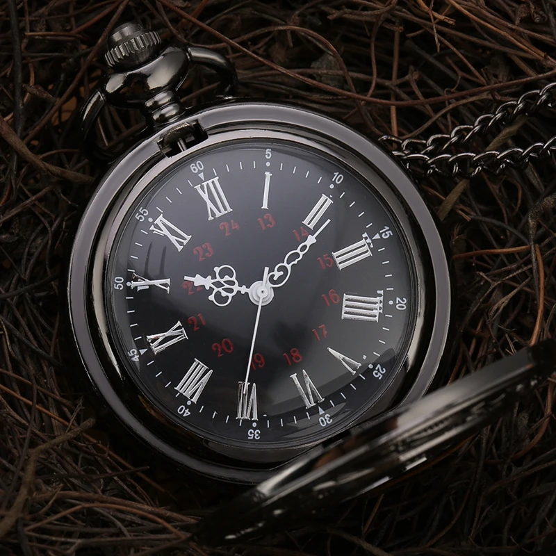 TIEDAN Quartz Pocket Watch Necklace Vintage Black Trend Fashion Watch Pendant Chain Fob Watch