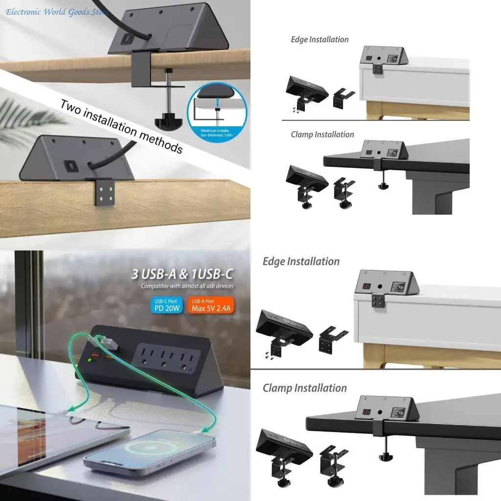 A3PD Nightstands Edges Mount Power Strips with USB C Tabletop Surges Protectors Socket