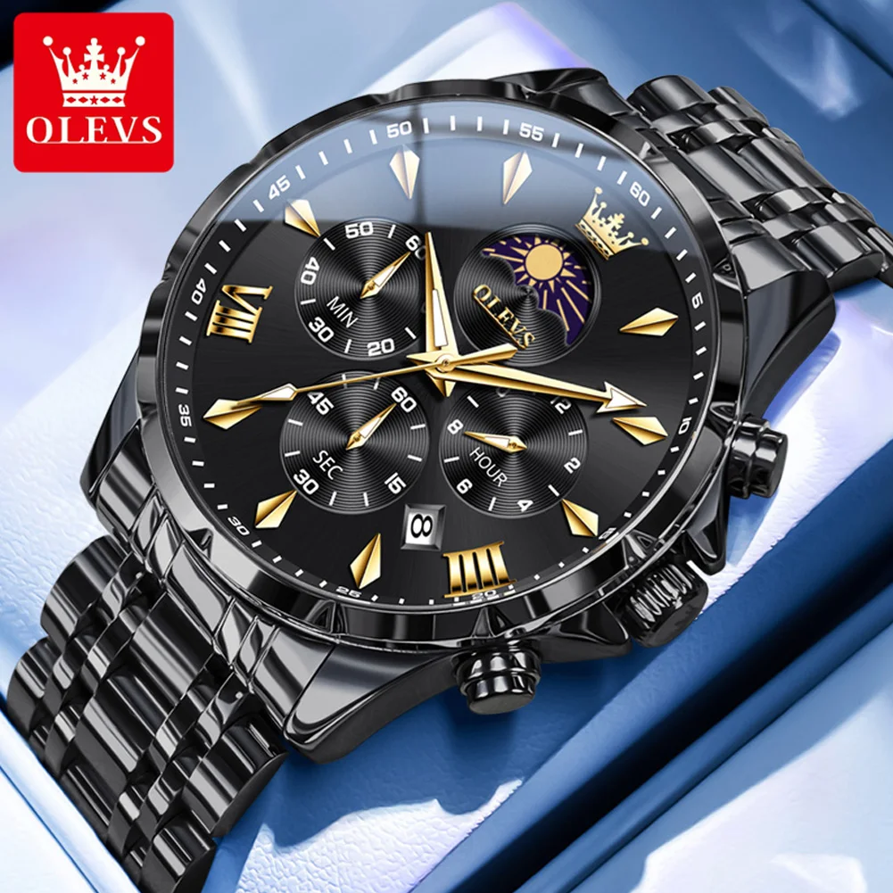OLEVS 3653 Herrenuhr Quarzuhr Multifunktionale Chronographenuhr Für Männer 30 Mt Wasserdicht Leuchtende Mondphase Box Original 5
