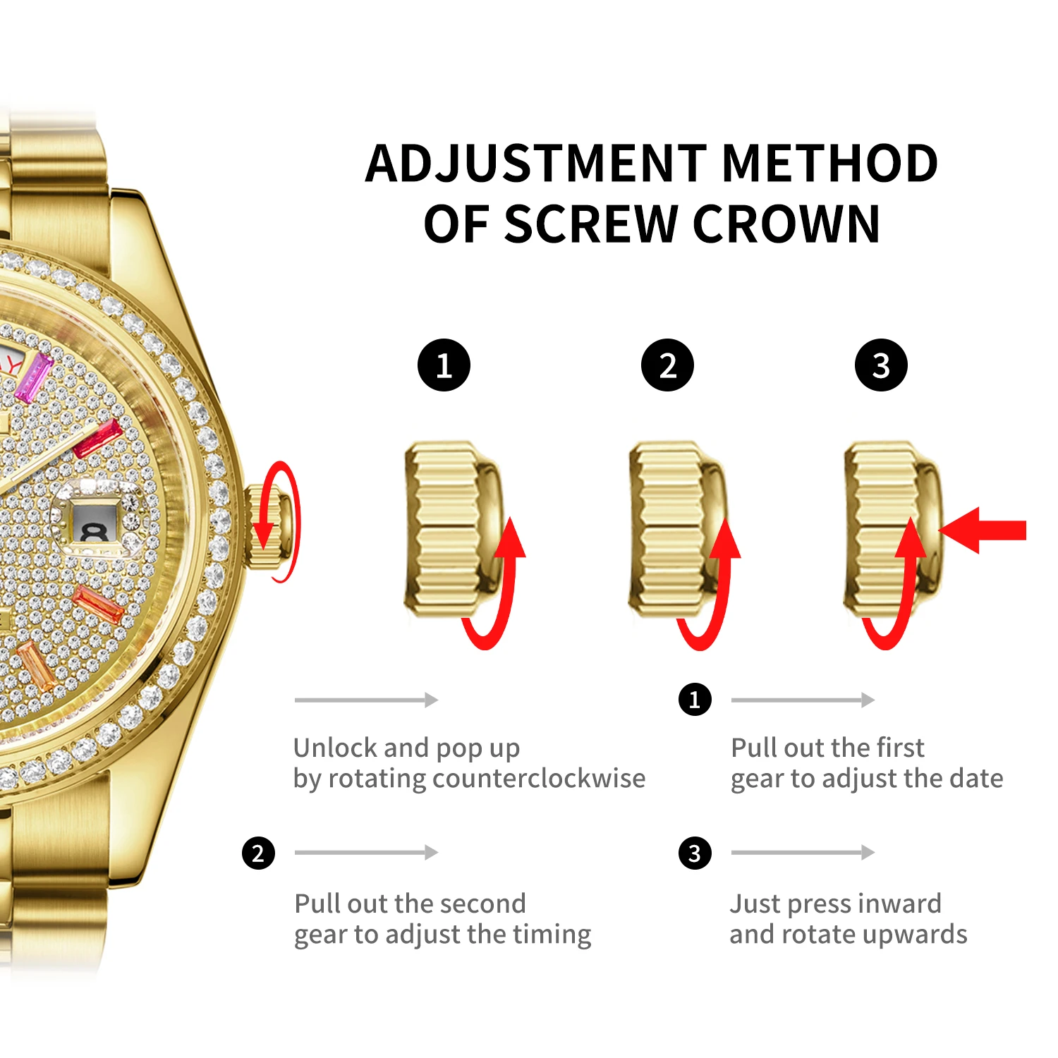 Złoty męski zegarek ze stali nierdzewnej 41 mm, tarcza wysadzana diamentami, mechanizm mechaniczny, wodoodporny, świecący w ciemności, modny styl biznesowy.