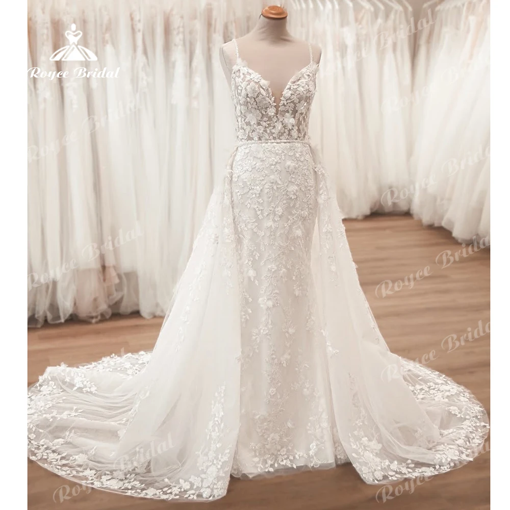 Roycebridal Spaghetti-trägern 2N1 Stil Meerjungfrau Hochzeit Kleid Open-Back Spitze Appliques Braut Kleid Vestidos De Novia Angepasst