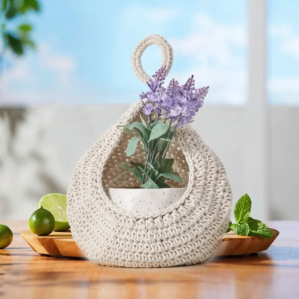 1pc Wall Vegetable Storage Fruit Basket Birdhouse Wall Hanging Teardrop Mesh Pocket Handmade Cotton Rope Braided Wall Hanging