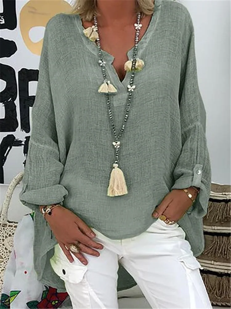 Plus Size Women\'s Summer New V Neck Solid Top Casual Women Linen Shirt Round Neck T-shirt Short Sleeve Tops Loose Blouse