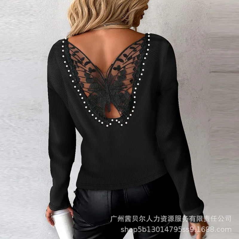 Spring Summer New Women\'s Solid Color Backless Chain Round Neck Long Sleeve Woolen Top Blouse