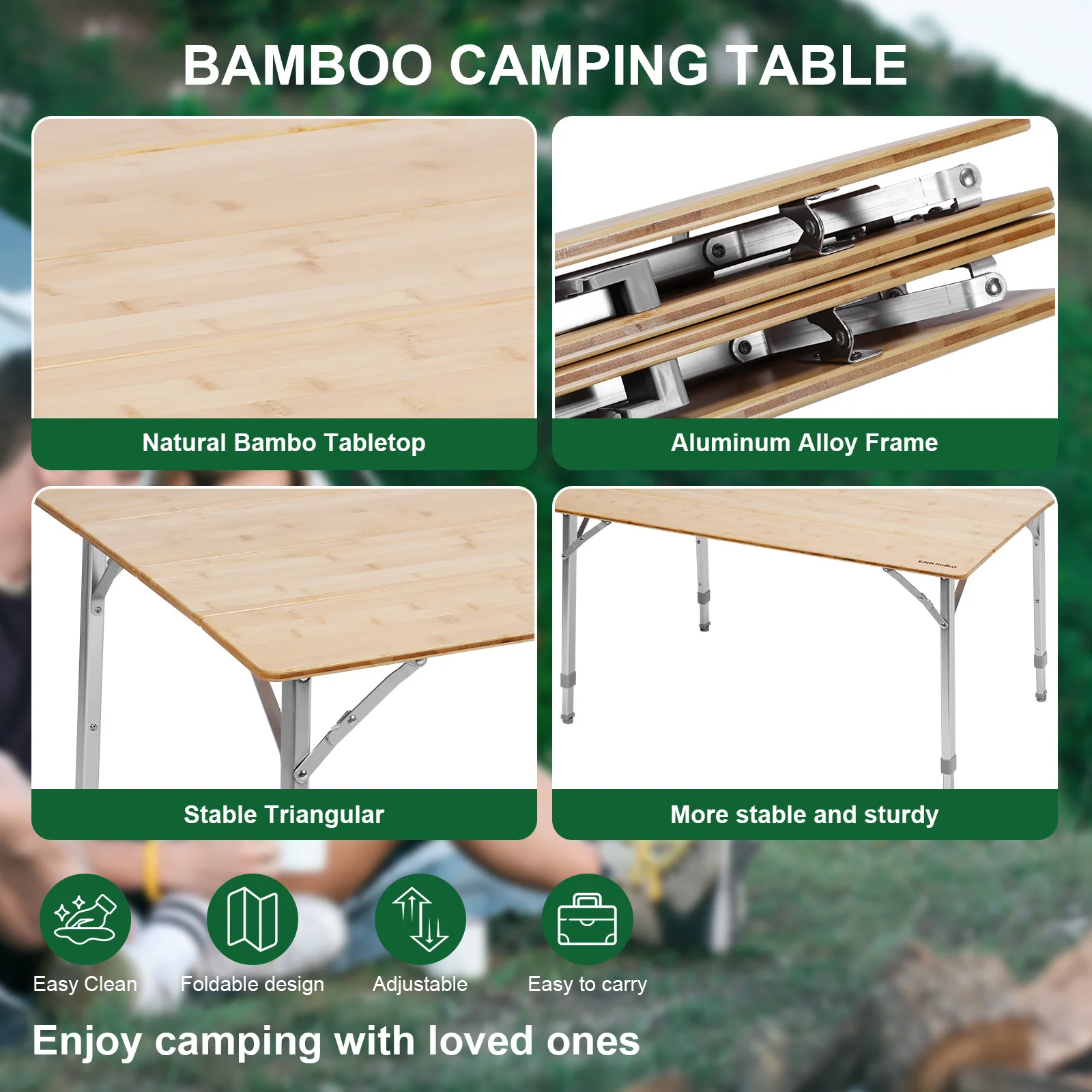 

Adjustable Height Bamboo Folding Table with Carry Bag Folding Bamboo Camping Table Loads 80KG for Cooking Picnic Beach Backyards