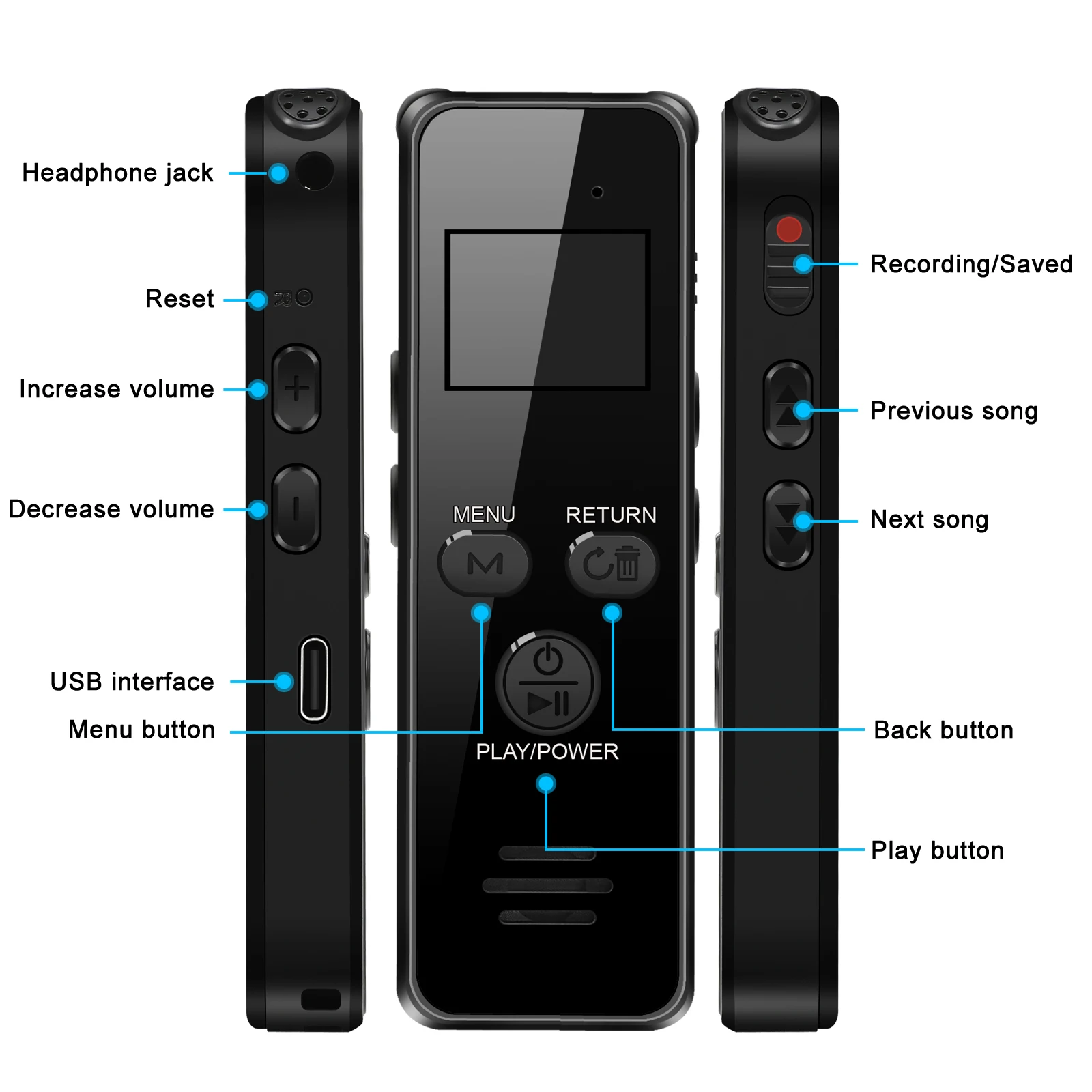 V59 Digital Voice Audio Recorder Intelligent Noise Reduction Multi-language Line-in Recording A-B Segment Repeat Sound Recording