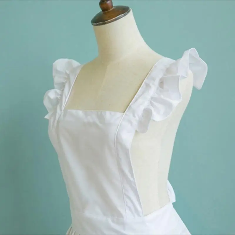 R1WA Womens Girls Outline Retro White Apron with Pockets Adjustable Victorian Bib Maid Cosplay Kitchen Baking Costume