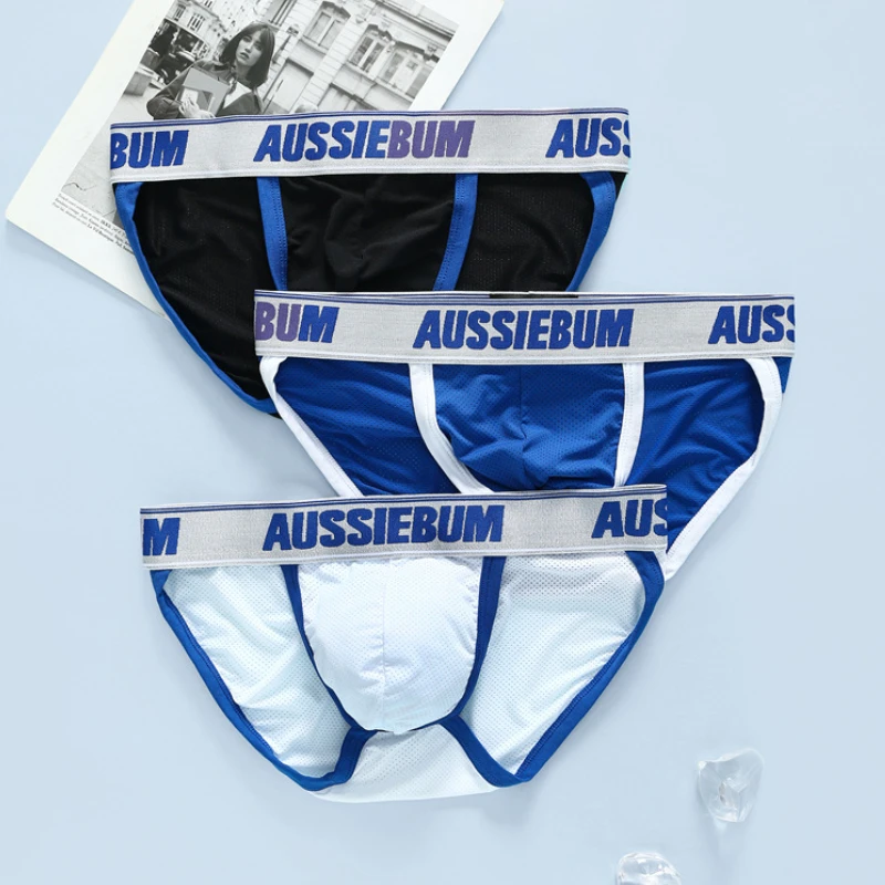 Men's ice silk underwear elastic mesh comfortable breathable sexy high forks youth briefs aussiebum