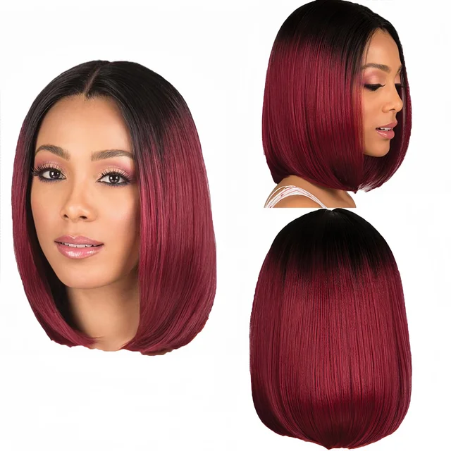 Fashion European and American Dyed Bobo Wig Female Short Straight Hair Black Gradient Wine Red Synthetic Fiber Hair