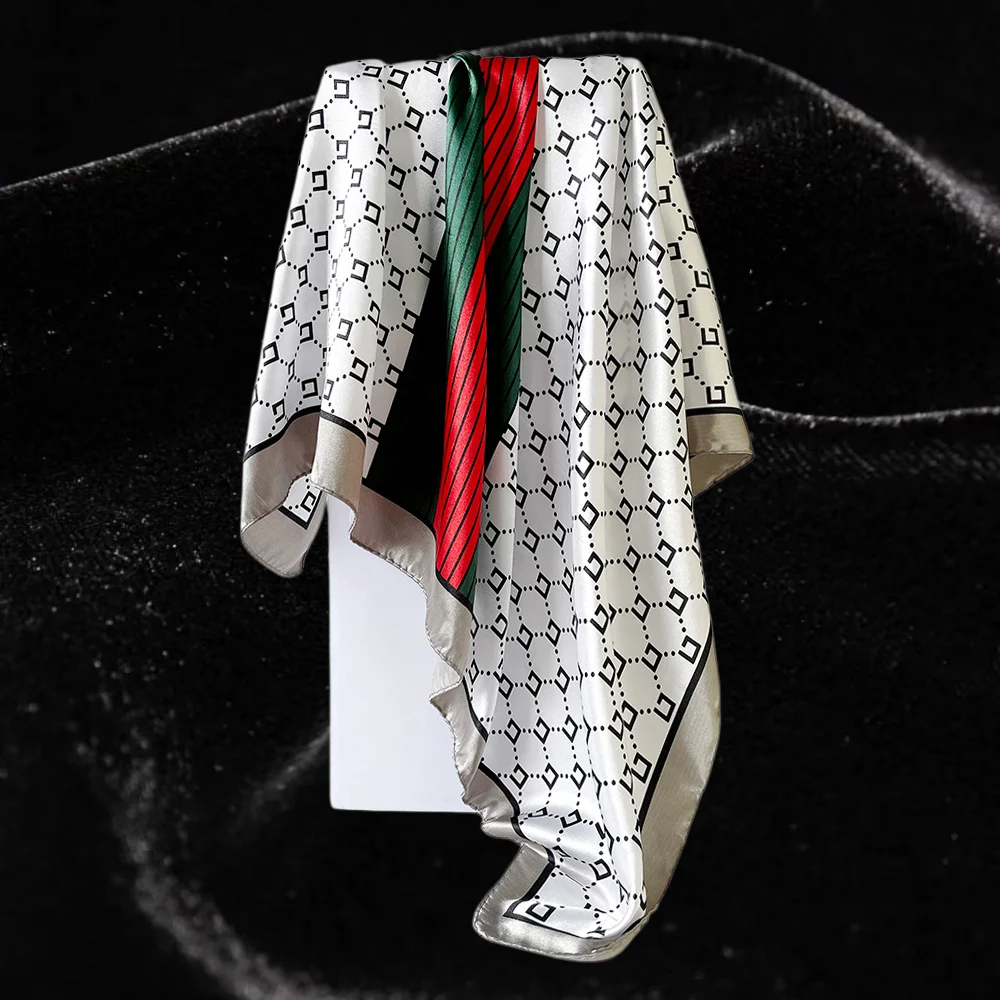 90cm Geometric Print Satin Square Scarf Elegant retro headscarf women artistic accessory Beige orange geometric satin scarf