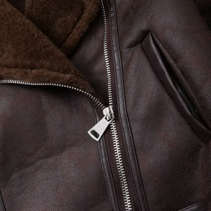 เสื้อแจ็คเก็ตหนังกลับผสมขนแกะแบบแพทช์เวิร์ค คอปกแบบออร์ต สไตล์ฮ่องกง สำหรับฤดูใบไม้ร่วงและฤดูหนาว เหมาะสำหรับขี่มอเตอร์ไซค์