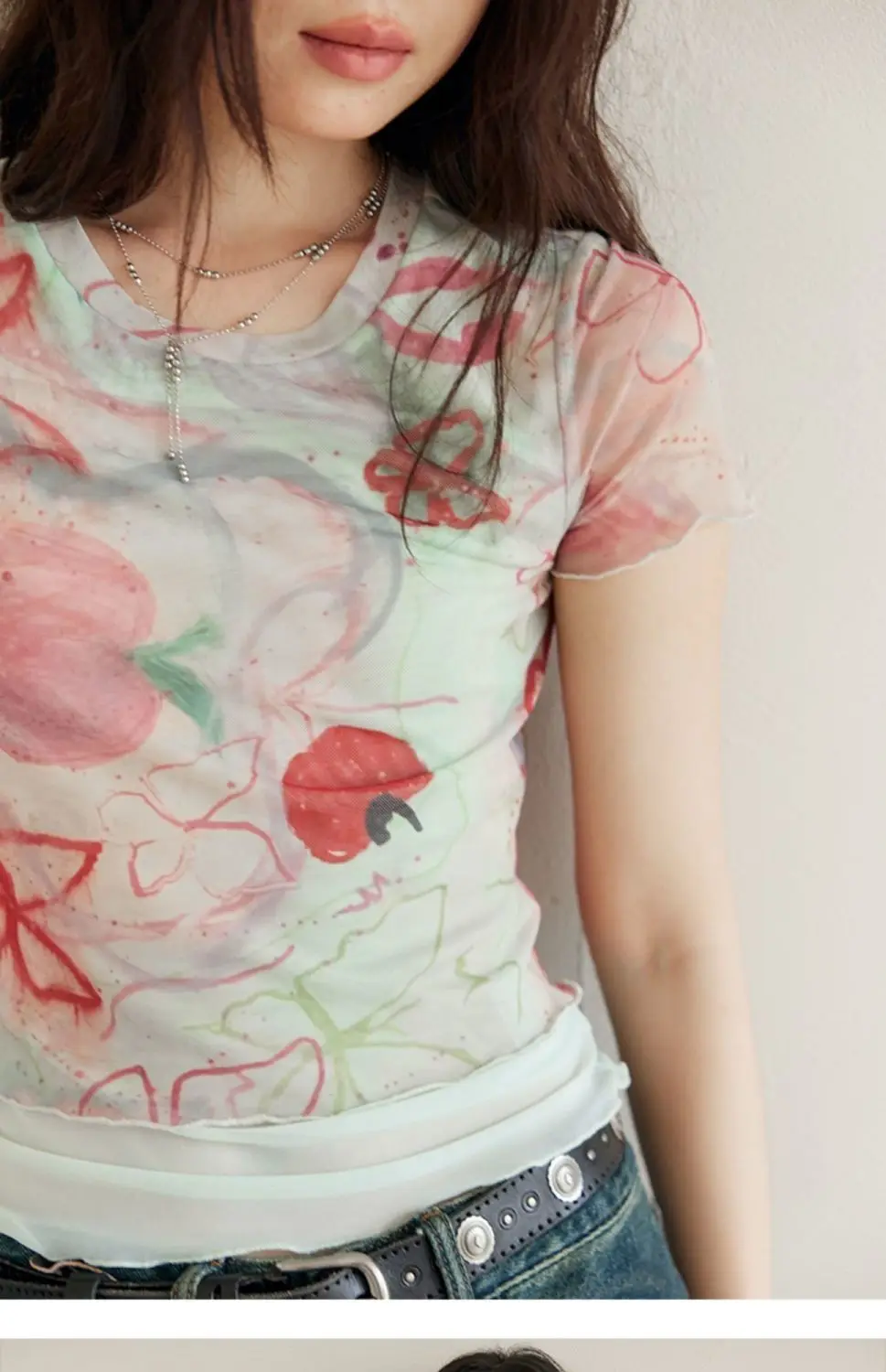 

Gagarich Apple Butterfly Print Graffiti Double-layer Mesh Short Sleeved T-shirt Summer Design Slim Fit Slimming Lightweight Top