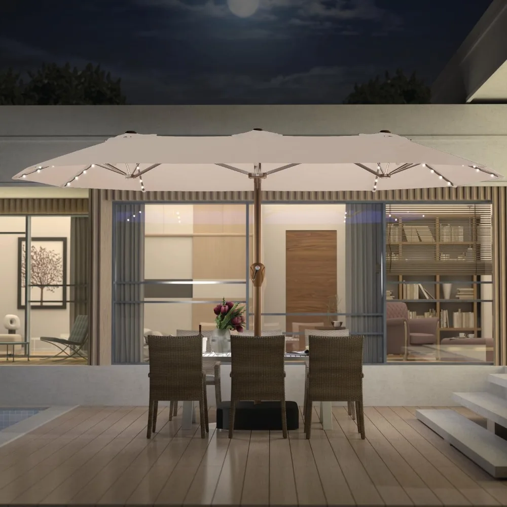 

15ft Large Patio Umbrella, with Solar Lights, Double-Sided Rectangle Lighted Outdoor Table Umbrella, with Base Included