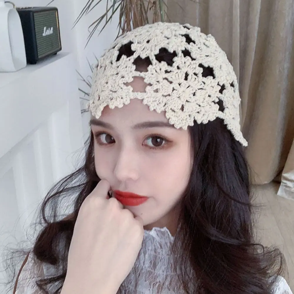 

Breathable Hollowed Out Knitted Hat Casual Summer Skullies Hat Flowers Fashion Beret Cap Women