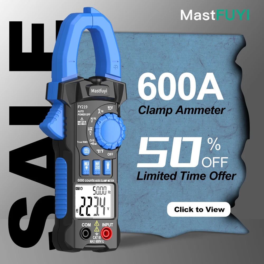 MASTFUYI 600A Auto Ranging True RMS Digital Clamp Ammeter Multimeter AC/DC Current Voltage Resistance Test with Backlight LCD