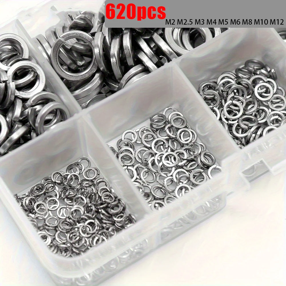 Set di rondelle a molla in acciaio inossidabile da 620 pezzi, M2-M12, acciaio inossidabile 304, adatte per bulloni e viti, multiuso.