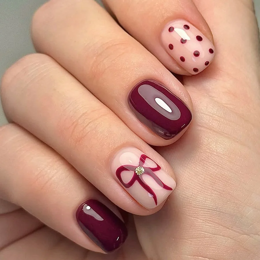 

24PCS Short Square False Nails with Glue Wine Red Bow Sweet Polka Dots Patterns Press on Fake Nails Simple Design Hot Girl Nails