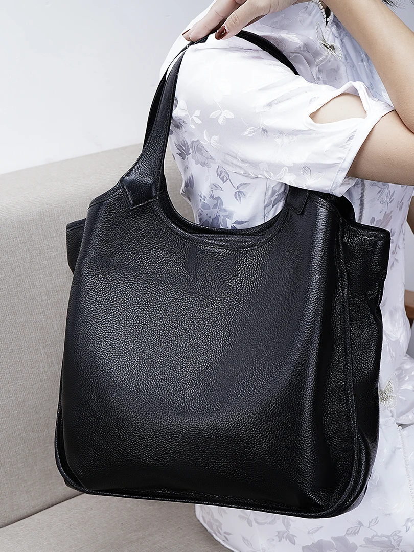 

New Top Layer Cowhide Tote Bag Women Casual Versatile Handbag Large Capacity Multi Compartment Soft Leather Armpit Shoulder Bag