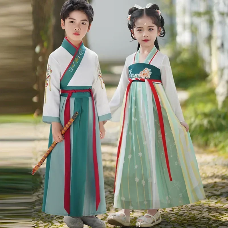 

Традиционное китайское платье Hanfu для мальчиков и девочек, школьная одежда, стильная древняя детская одежда для выступлений, красный современный детский ханьфу