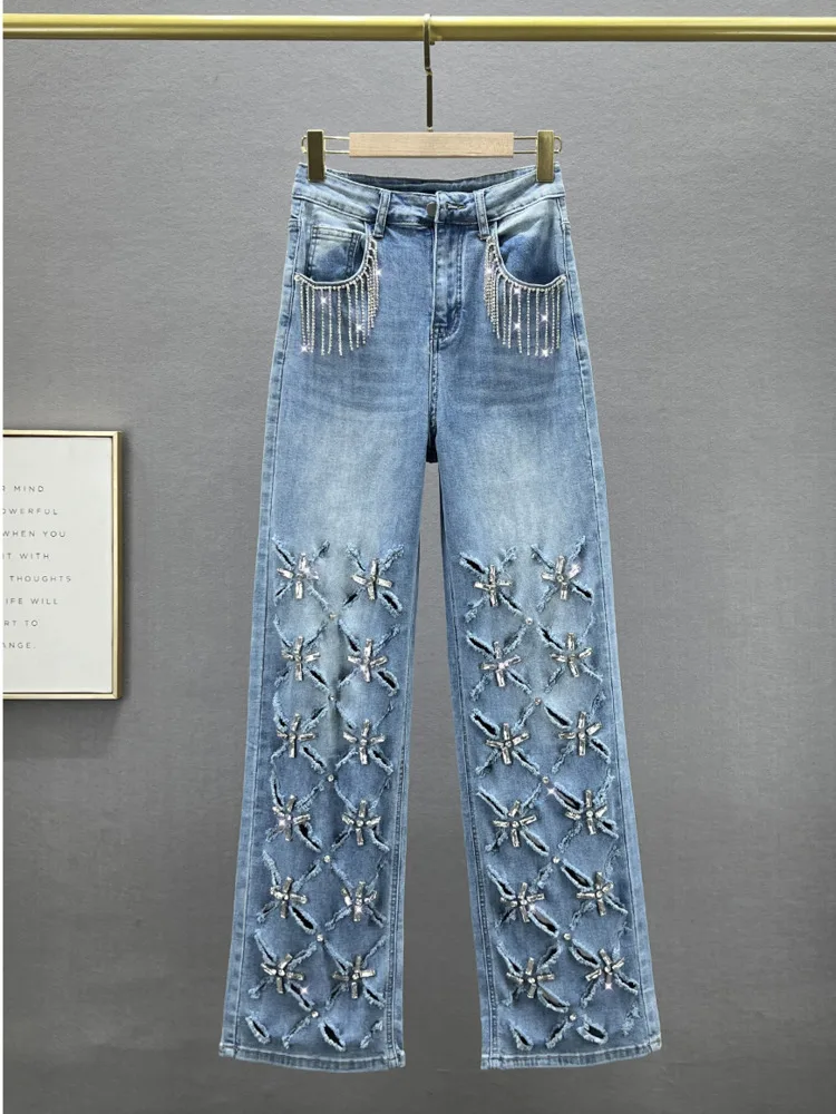 DEAT Women's Jeans High Waist Straight Broken Holes Crystal Tassel Wide Leg Denim Long Pants 2024 Autumn New Fashion 29L8592