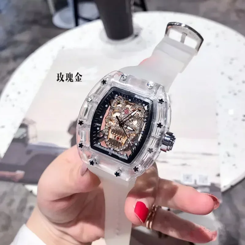 

2024 RM Diamond-encrusted Clear Alloy Carved Skull 3-pin Function Automatic AAA Quartz Watch Titanium Buckle Transparent Shell