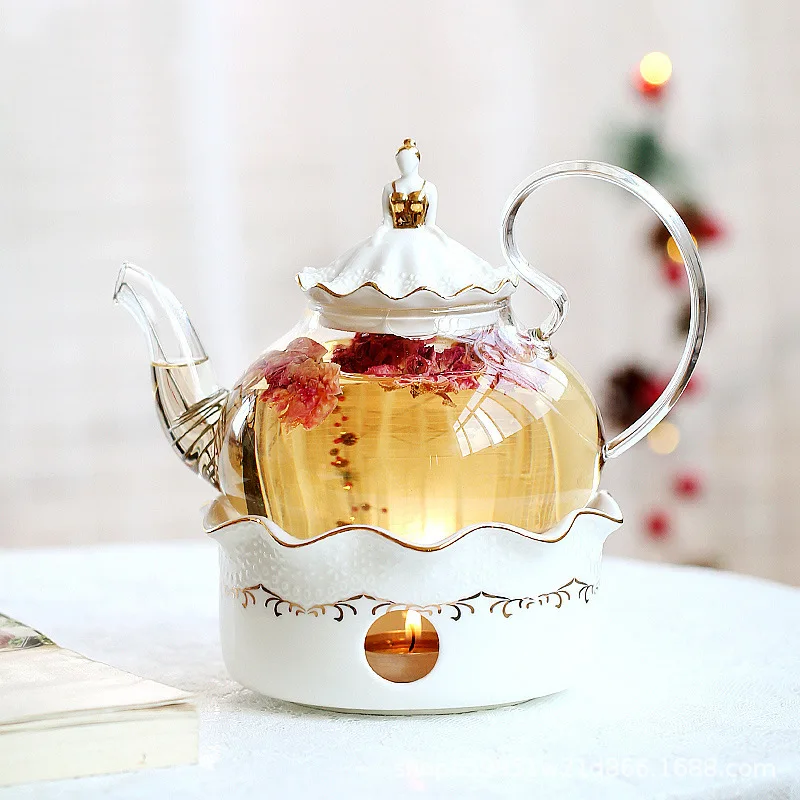 English Light Luxury Flower Tea Pot Set Candle Heating Base Heat Resistant Glass Afternoon Tea Fruit Teapot 600ml Home Gift