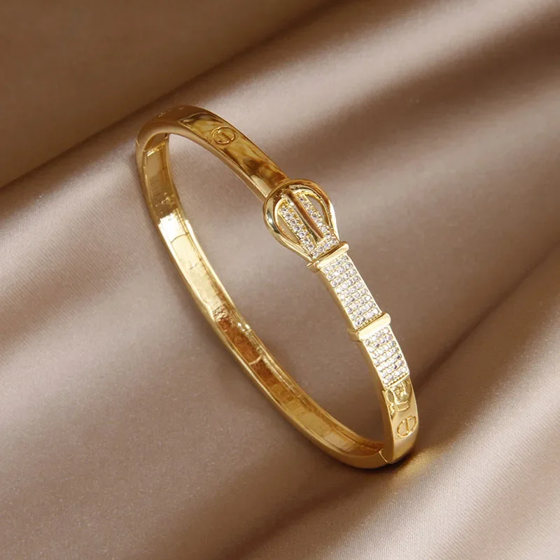 2023 New Design Unique Belt Shaped Open Bangles&bracelets for Women Fashion Brand Jewelry Delicate Full Crystal Bangles