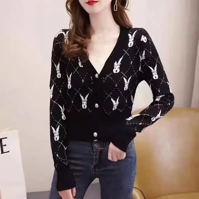 Cárdigan de tricô jacquard de coelho para mulheres, suéter gola v, malha de peito único, manga comprida, casaco superior, doce, n