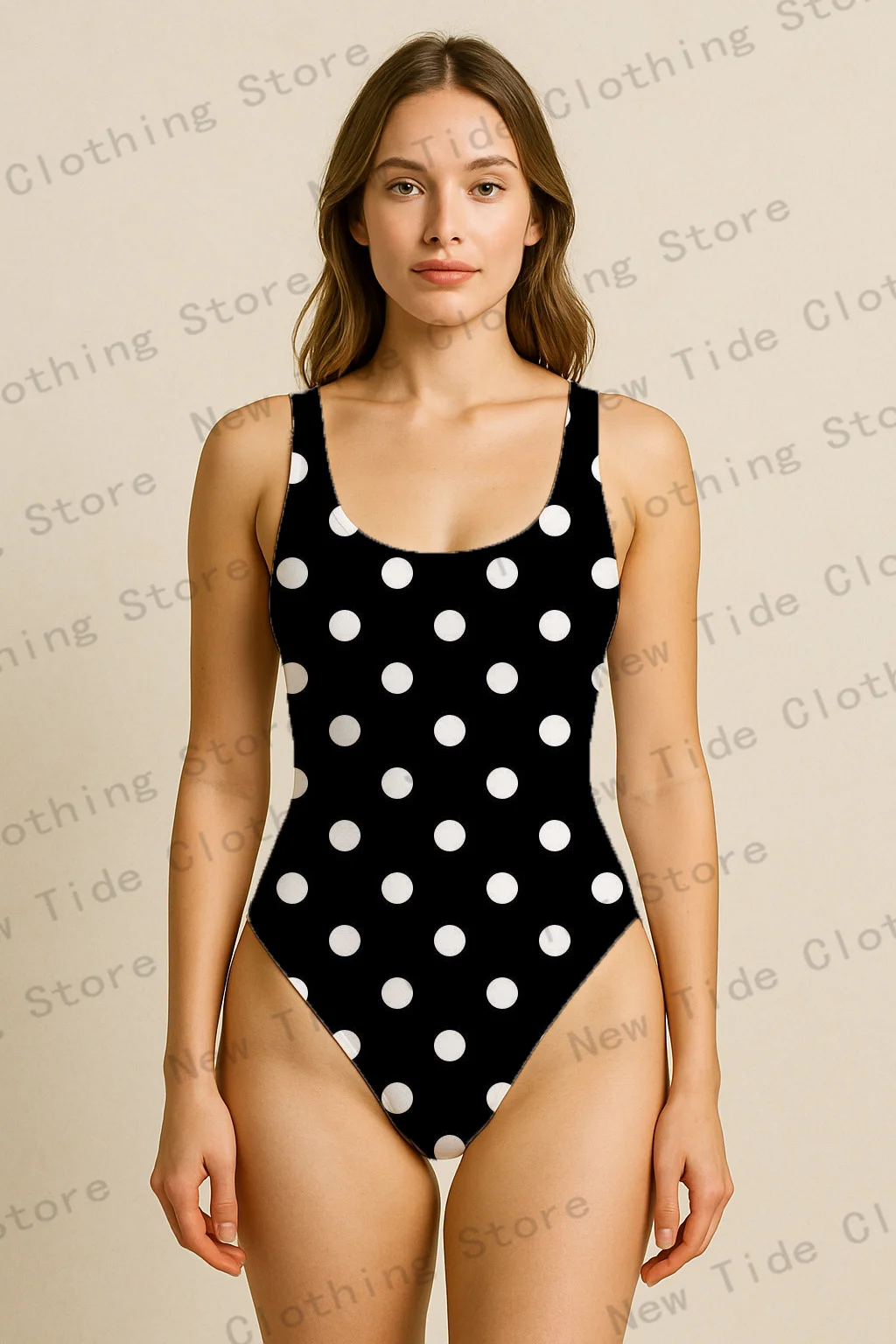Traje de baño de una pieza de lunares blanco y negro para mujer, traje de baño ajustado sin mangas para playa, vacaciones de verano, traje de piscina