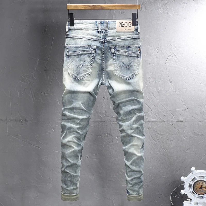 High Street Fashion Heren Jeans Retro Lichtblauw Stretch Slim Fit Gescheurde Jeans Heren Borduren Designer Vintage Casual Denim Broek