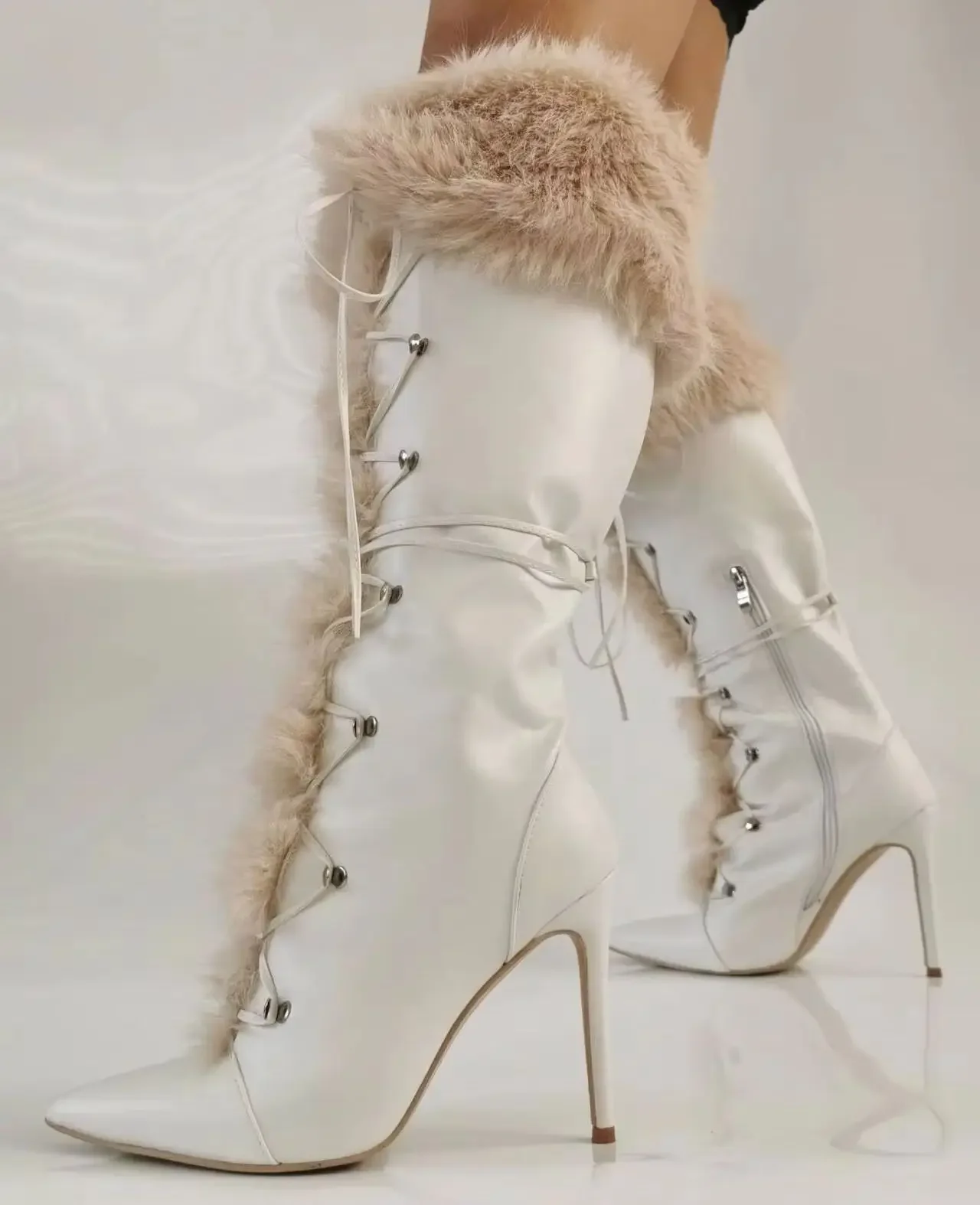 

2025 Winter New Knee-High Boots White Leather Pointed Toe Thin Heel Fashion Fleece Warm Boots Zipper Cross Lace-Up Long Boots
