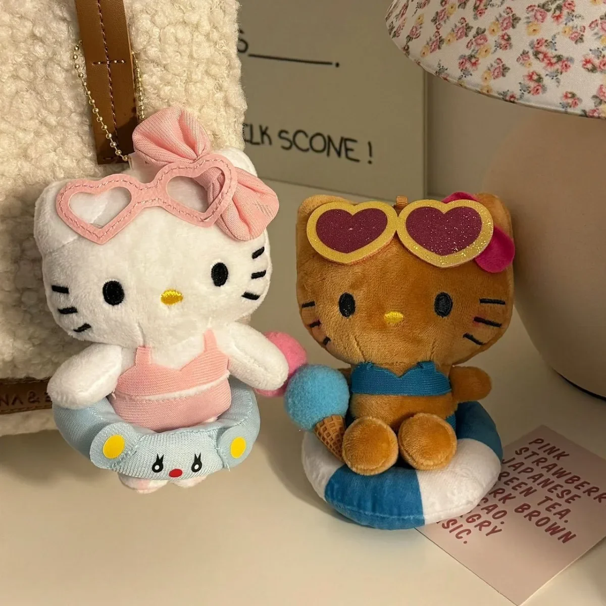 Hello Kitty Plushies Genuine Miniso 13cm Plush Kawaii Swimming Circle Bikini Keychain Pendant Cat Backpack Decoration Doll Gift