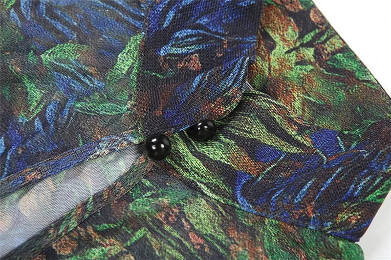 Frauen Mode Druck Sheer Meh Patchwork Aushöhlen Maxi Kleid Sexy Rollkragen Volle Hülse Bodycon Hohe Schlitz Party Lange Robe