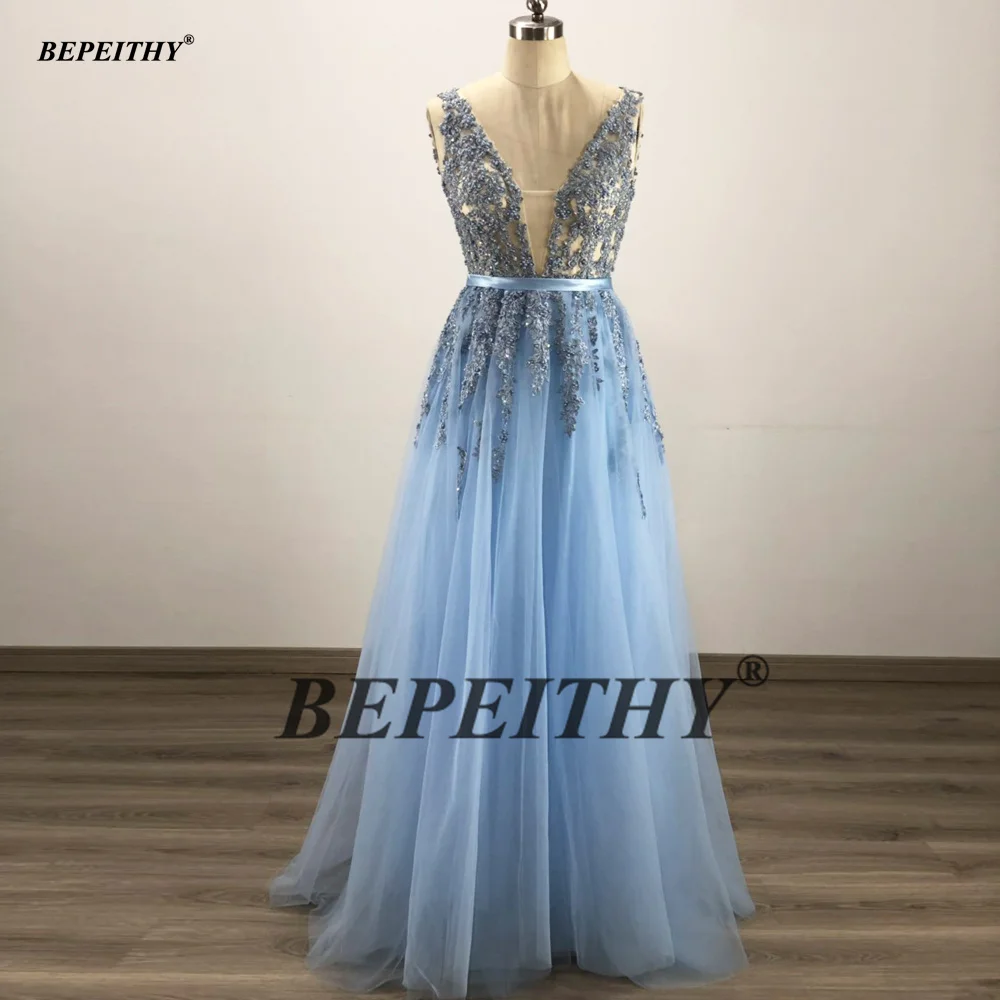 BEPEITHY Customized Deep V Neck Luxury Blue Long Evening Dress With Belt Vestido De Fiesta Sexy Backless Prom Dresses For Women