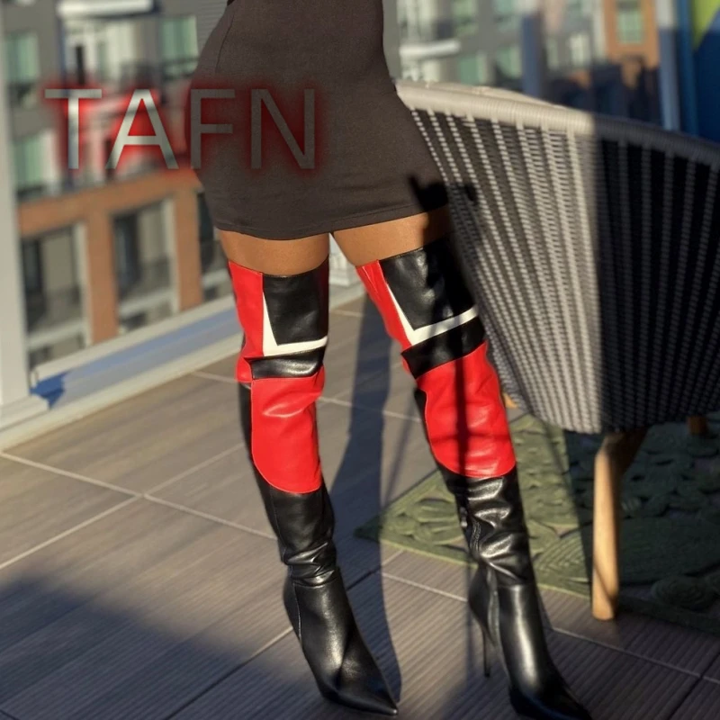 Women's Sports Pointed Long Boots Black and Red Multi Colored Boot for Autumn and Winter Female Speed Over The Knee Heeled Boots