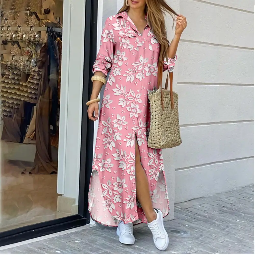 

New Fashion Autumn Elegant Lady Print Polo Button Maxi Dress Women Long Sleeve Loose Femmen Casual Single Breasted Floral Dress