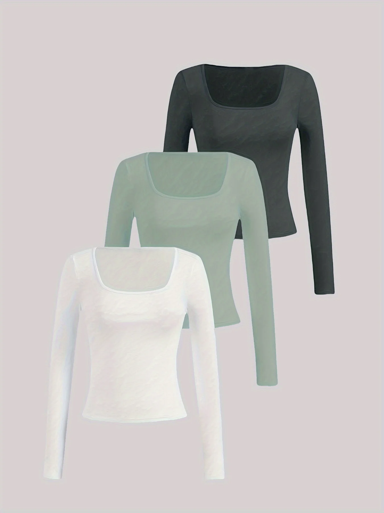 

Three-piece set of casual knitted long-sleeved T-shirts with square necklines.