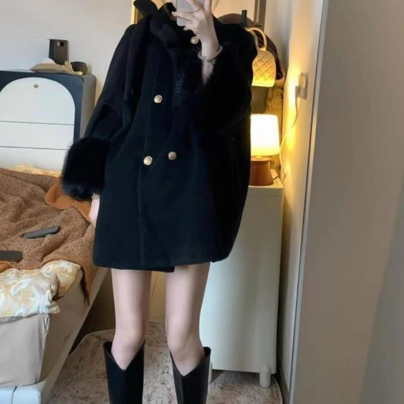 New Daughter Black Loose Slimming Cape Coat Women's Design Temperament Woolen Short Jacket Autumn and Winter