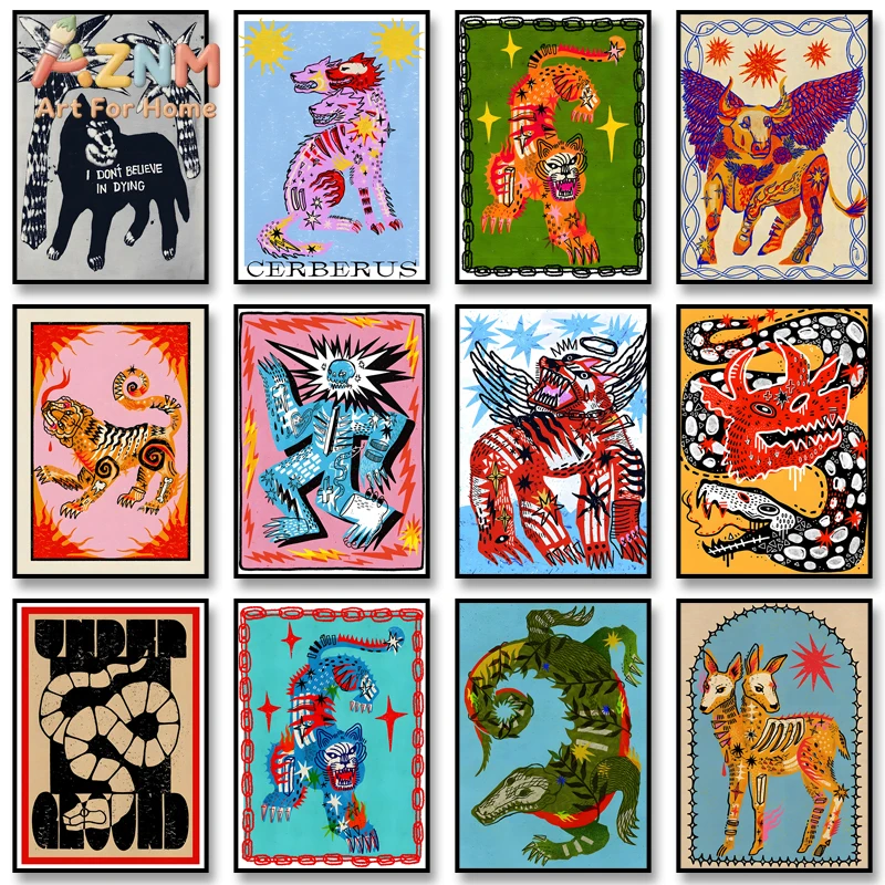 

AZNM Folk Art Mythical Creatures Canvas Print, Frameless Single Panel Retro Tribal Illustration Wall Art, Cerberus Tiger Snake T