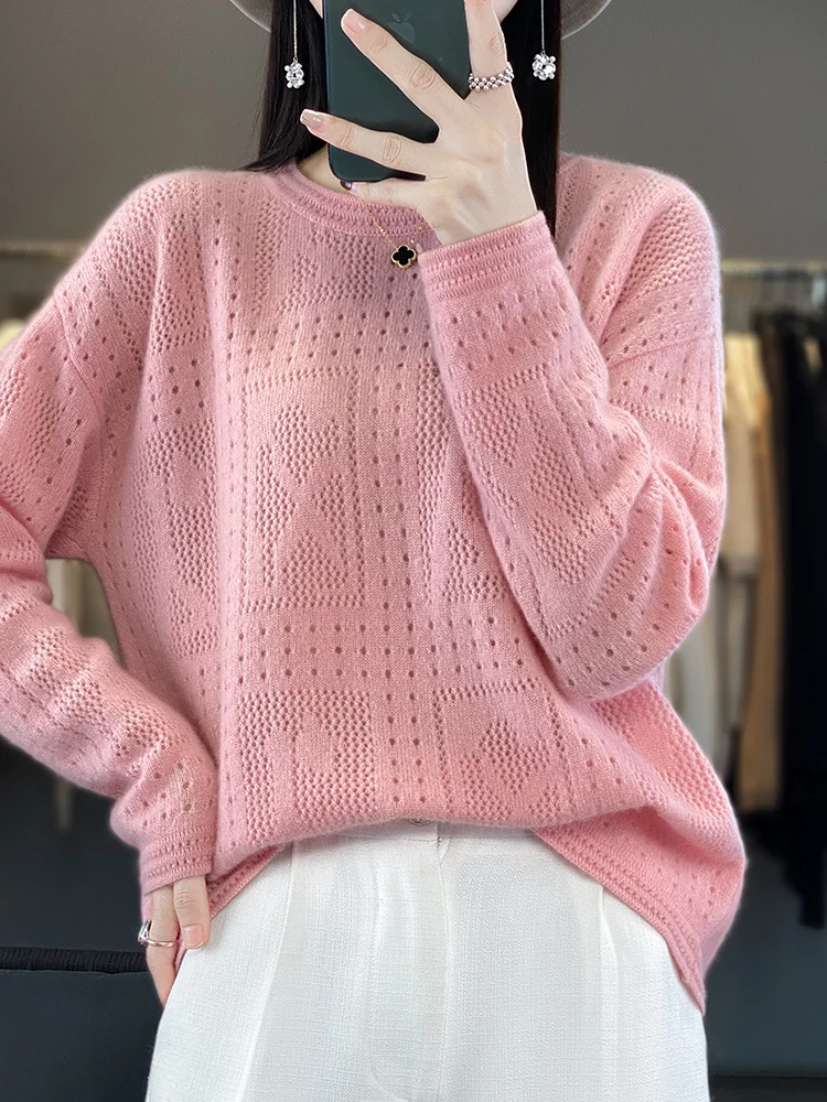 New Chic Women Spring Autumn Sweater Hollow Long Sleeve O-Neck Pullover 100% Merino Wool Knitted Loose Jumper Female Clothing